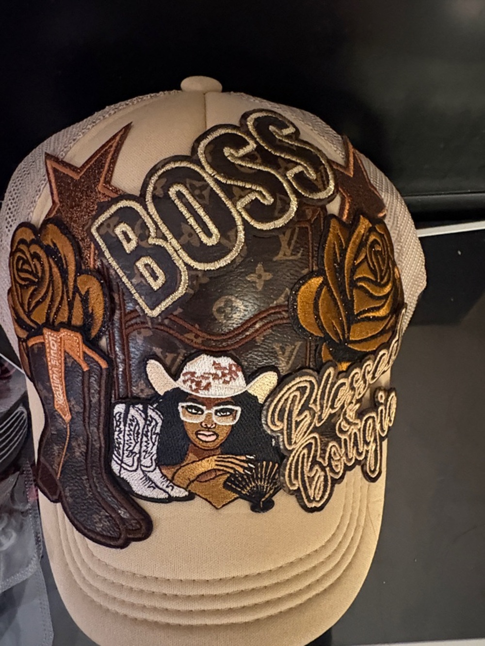 Beige and Brown Embroidered Graphic Cowboy Cap HANDMADE